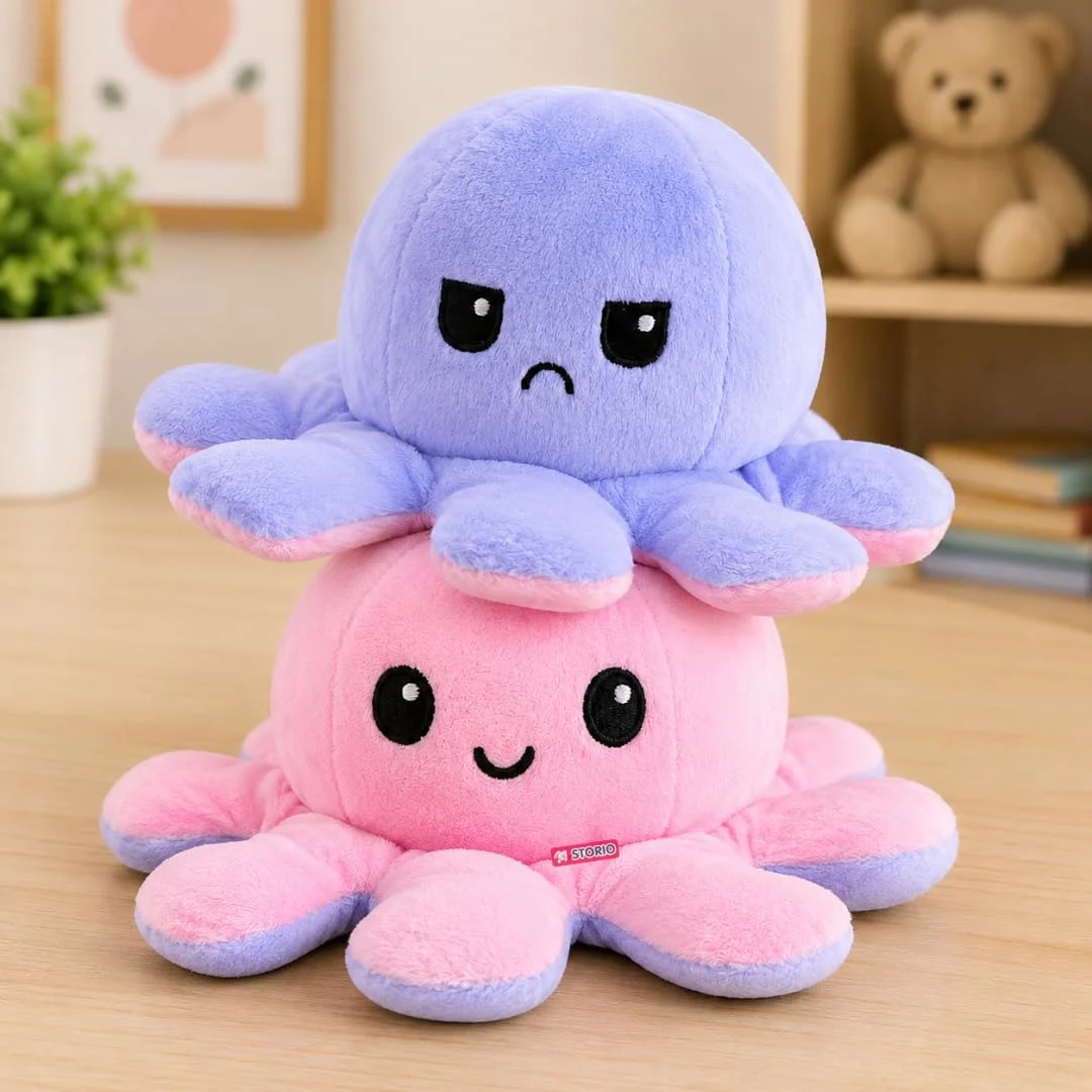 Reversible Octopus Plush Toy | Soft Stuffed Mood Plushie for Kids | Flip Happy & Grumpy Toy | Collectible Cuddly Toy